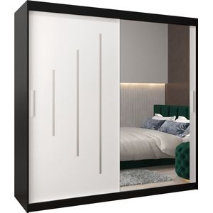 InspireMe - Kledingkast met 2 schuifdeuren, Modern-stijl, Een kledingkast met planken en een spiegel (BxHxD): 200x200x62 - MALTESE II 200 Zwart Mat + Wit Mat