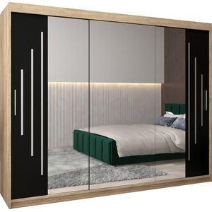InspireMe - Kledingkast met 3 schuifdeuren, Modern-stijl, Een kledingkast met planken en een spiegel (BxHxD): 250x200x62 - MALTESE II 250 Sonoma Eik + Zwart Mat