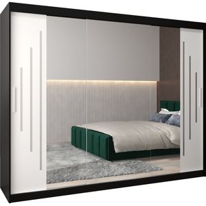 InspireMe - Kledingkast met 3 schuifdeuren, Modern-stijl, Een kledingkast met planken en een spiegel (BxHxD): 250x200x62 - MALTESE II 250 Zwart Mat + Wit Mat