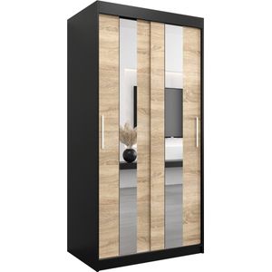 InspireMe - Kledingkast met 2 schuifdeuren, Modern-stijl, Een kledingkast met planken en een spiegel (BxHxD): 100x200x62 - DANCE 100 Zwart Mat + Sonoma Eik