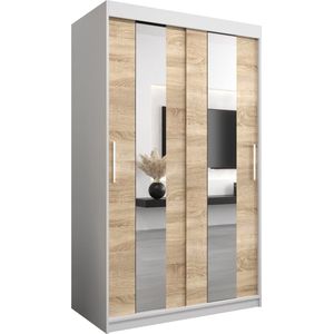 InspireMe - Kledingkast met 2 schuifdeuren, Modern-stijl, Een kledingkast met planken en een spiegel (BxHxD): 120x200x62 - DANCE 120 Wit Mat + Sonoma Eik