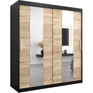 InspireMe - Kledingkast met 2 schuifdeuren, Modern-stijl, Een kledingkast met planken en een spiegel (BxHxD): 180x200x62 - DANCE 180 Zwart Mat + Sonoma Eik