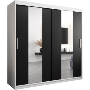 InspireMe - Kledingkast met 2 schuifdeuren, Modern-stijl, Een kledingkast met planken en een spiegel (BxHxD): 200x200x62 - DANCE 200 Wit Mat + Zwart