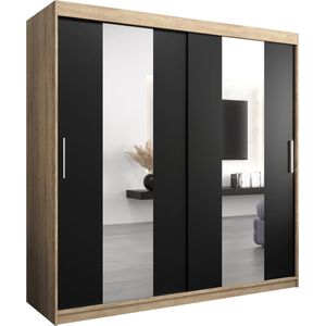 InspireMe - Kledingkast met 2 schuifdeuren, Modern-stijl, Een kledingkast met planken en een spiegel (BxHxD): 200x200x62 - DANCE 200 Sonoma Eik + Zwart Mat