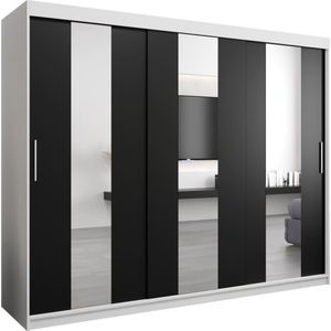 InspireMe - Kledingkast met 3 schuifdeuren, Modern-stijl, Een kledingkast met planken en een spiegel (BxHxD): 250x200x62 - DANCE 250 Wit Mat + Zwart