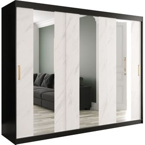 InspireMe - Kledingkast met 3 schuifdeuren, Modern-stijl, Een kledingkast met planken en een spiegel (BxHxD): 250x200x62 - MARMORO POLE 250 Zwart Mat + Wit Marmer
