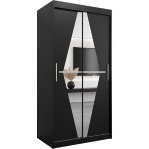 InspireMe - Kledingkast met 2 schuifdeuren, Modern-stijl, Een kledingkast met planken en een spiegel (BxHxD): 100x200x62 - BOLA 100 Zwart Mat met 2 lades