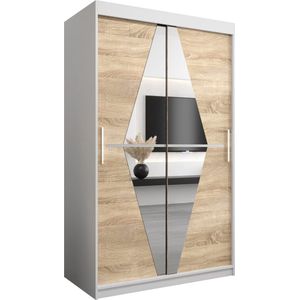 InspireMe - Kledingkast met 2 schuifdeuren, Modern-stijl, Een kledingkast met planken en een spiegel (BxHxD): 120x200x62 - BOLA 120 Wit Mat + Sonoma Eik met 2 lades