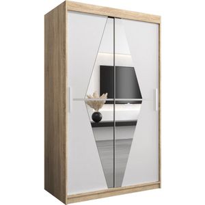 InspireMe - Kledingkast met 2 schuifdeuren, Modern-stijl, Een kledingkast met planken en een spiegel (BxHxD): 120x200x62 - BOLA 120 Sonoma Eik + Wit Mat met 2 lades