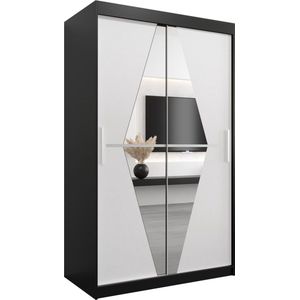 InspireMe - Kledingkast met 2 schuifdeuren, Modern-stijl, Een kledingkast met planken en een spiegel (BxHxD): 120x200x62 - BOLA 120 Zwart Mat + Wit Mat met 2 lades