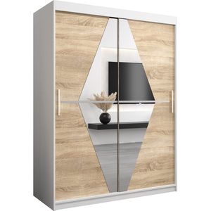 InspireMe - Kledingkast met 2 schuifdeuren, Modern-stijl, Een kledingkast met planken en een spiegel (BxHxD): 150x200x62 - BOLA 150 Wit Mat + Sonoma Eik met 2 lades