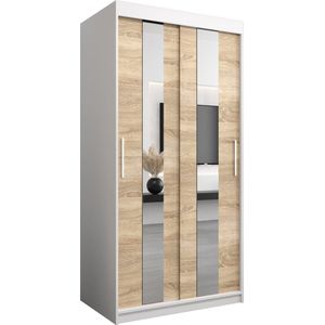InspireMe - Kledingkast met 2 schuifdeuren, Modern-stijl, Een kledingkast met planken en een spiegel (BxHxD): 100x200x62 - DANCE 100 Wit Mat + Sonoma Eik met 2 lades