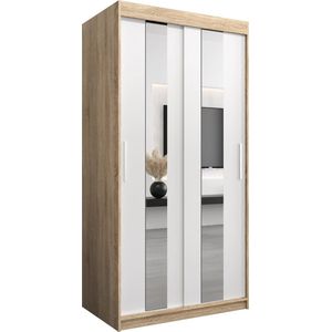 InspireMe - Kledingkast met 2 schuifdeuren, Modern-stijl, Een kledingkast met planken en een spiegel (BxHxD): 100x200x62 - DANCE 100 Sonoma Eik + Wit Mat met 2 lades