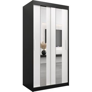 InspireMe - Kledingkast met 2 schuifdeuren, Modern-stijl, Een kledingkast met planken en een spiegel (BxHxD): 100x200x62 - DANCE 100 Zwart Mat + Wit Mat met 2 lades