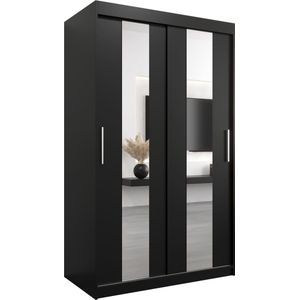 InspireMe - Kledingkast met 2 schuifdeuren, Modern-stijl, Een kledingkast met planken en een spiegel (BxHxD): 120x200x62 - DANCE 120 Zwart Mat met 2 lades