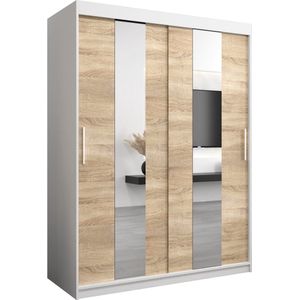 InspireMe - Kledingkast met 2 schuifdeuren, Modern-stijl, Een kledingkast met planken en een spiegel (BxHxD): 150x200x62 - DANCE 150 Wit Mat + Sonoma Eik met 2 lades