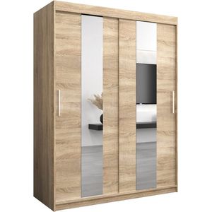 InspireMe - Kledingkast met 2 schuifdeuren, Modern-stijl, Een kledingkast met planken en een spiegel (BxHxD): 150x200x62 - DANCE 150 Sonoma Eik met 2 lades