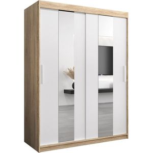 InspireMe - Kledingkast met 2 schuifdeuren, Modern-stijl, Een kledingkast met planken en een spiegel (BxHxD): 150x200x62 - DANCE 150 Sonoma Eik + Wit Mat met 2 lades