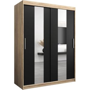 InspireMe - Kledingkast met 2 schuifdeuren, Modern-stijl, Een kledingkast met planken en een spiegel (BxHxD): 150x200x62 - DANCE 150 Sonoma Eik + Zwart Mat met 2 lades