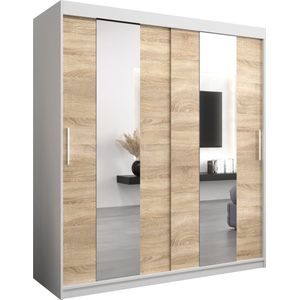InspireMe - Kledingkast met 2 schuifdeuren, Modern-stijl, Een kledingkast met planken en een spiegel (BxHxD): 180x200x62 - DANCE 180 Wit Mat + Sonoma Eik met 4 lades