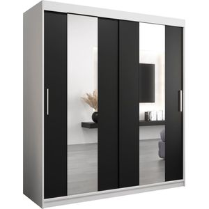 InspireMe - Kledingkast met 2 schuifdeuren, Modern-stijl, Een kledingkast met planken en een spiegel (BxHxD): 180x200x62 - DANCE 180 Wit Mat + Zwart met 4 lades