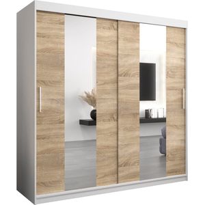 InspireMe - Kledingkast met 2 schuifdeuren, Modern-stijl, Een kledingkast met planken en een spiegel (BxHxD): 200x200x62 - DANCE 200 Wit Mat + Sonoma Eik met 4 lades