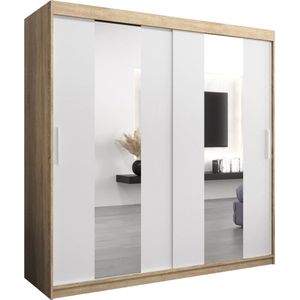 InspireMe - Kledingkast met 2 schuifdeuren, Modern-stijl, Een kledingkast met planken en een spiegel (BxHxD): 200x200x62 - DANCE 200 Sonoma Eik + Wit Mat met 4 lades