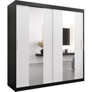 InspireMe - Kledingkast met 2 schuifdeuren, Modern-stijl, Een kledingkast met planken en een spiegel (BxHxD): 200x200x62 - DANCE 200 Zwart Mat + Wit Mat met 4 lades