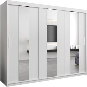 InspireMe - Kledingkast met 3 schuifdeuren, Modern-stijl, Een kledingkast met planken en een spiegel (BxHxD): 250x200x62 - DANCE 250 Wit Mat met 4 lades