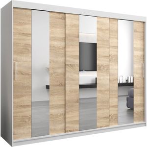 InspireMe - Kledingkast met 3 schuifdeuren, Modern-stijl, Een kledingkast met planken en een spiegel (BxHxD): 250x200x62 - DANCE 250 Wit Mat + Sonoma Eik met 4 lades