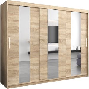 InspireMe - Kledingkast met 3 schuifdeuren, Modern-stijl, Een kledingkast met planken en een spiegel (BxHxD): 250x200x62 - DANCE 250 Sonoma Eik met 4 lades