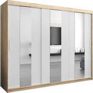 InspireMe - Kledingkast met 3 schuifdeuren, Modern-stijl, Een kledingkast met planken en een spiegel (BxHxD): 250x200x62 - DANCE 250 Sonoma Eik + Wit Mat met 4 lades
