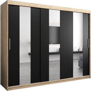 InspireMe - Kledingkast met 3 schuifdeuren, Modern-stijl, Een kledingkast met planken en een spiegel (BxHxD): 250x200x62 - DANCE 250 Sonoma Eik + Zwart Mat met 4 lades
