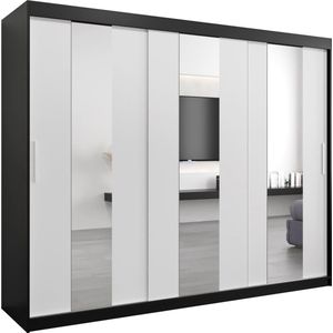 InspireMe - Kledingkast met 3 schuifdeuren, Modern-stijl, Een kledingkast met planken en een spiegel (BxHxD): 250x200x62 - DANCE 250 Zwart Mat + Wit Mat met 4 lades