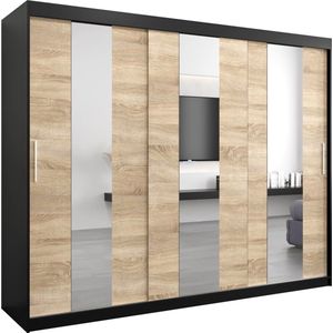 InspireMe - Kledingkast met 3 schuifdeuren, Modern-stijl, Een kledingkast met planken en een spiegel (BxHxD): 250x200x62 - DANCE 250 Zwart Mat + Sonoma Eik met 4 lades