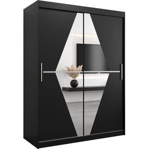 InspireMe - Kledingkast met 2 schuifdeuren, Modern-stijl, Een kledingkast met planken en een spiegel (BxHxD): 150x200x62 - BOLA 150 Zwart Mat met 2 lades