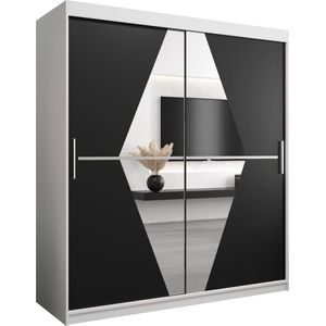 InspireMe - Kledingkast met 2 schuifdeuren, Modern-stijl, Een kledingkast met planken en een spiegel (BxHxD): 180x200x62 - BOLA 180 Wit Mat + Zwart met 4 lades