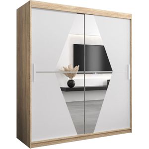 InspireMe - Kledingkast met 2 schuifdeuren, Modern-stijl, Een kledingkast met planken en een spiegel (BxHxD): 180x200x62 - BOLA 180 Sonoma Eik + Wit Mat met 4 lades