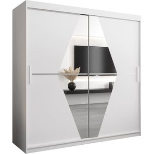InspireMe - Kledingkast met 2 schuifdeuren, Modern-stijl, Een kledingkast met planken en een spiegel (BxHxD): 200x200x62 - BOLA 200 Wit Mat met 4 lades