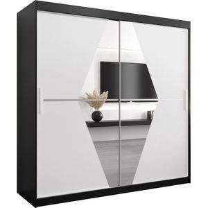 InspireMe - Kledingkast met 2 schuifdeuren, Modern-stijl, Een kledingkast met planken en een spiegel (BxHxD): 200x200x62 - BOLA 200 Zwart Mat + Wit Mat met 4 lades