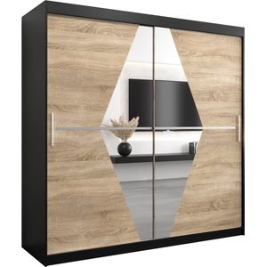 InspireMe - Kledingkast met 2 schuifdeuren, Modern-stijl, Een kledingkast met planken en een spiegel (BxHxD): 200x200x62 - BOLA 200 Zwart Mat + Sonoma Eik met 4 lades