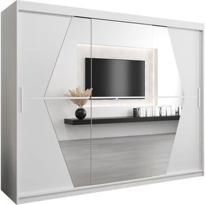 InspireMe - Kledingkast met 3 schuifdeuren, Modern-stijl, Een kledingkast met planken en een spiegel (BxHxD): 250x200x62 - BOLA 250 Wit Mat met 4 lades