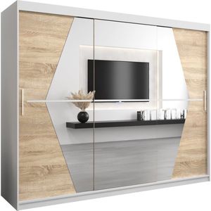 InspireMe - Kledingkast met 3 schuifdeuren, Modern-stijl, Een kledingkast met planken en een spiegel (BxHxD): 250x200x62 - BOLA 250 Wit Mat + Sonoma Eik met 4 lades