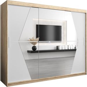 InspireMe - Kledingkast met 3 schuifdeuren, Modern-stijl, Een kledingkast met planken en een spiegel (BxHxD): 250x200x62 - BOLA 250 Sonoma Eik + Wit Mat met 4 lades