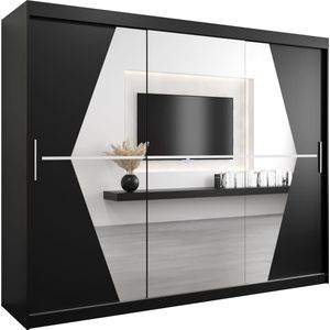 InspireMe - Kledingkast met 3 schuifdeuren, Modern-stijl, Een kledingkast met planken en een spiegel (BxHxD): 250x200x62 - BOLA 250 Zwart Mat met 4 lades