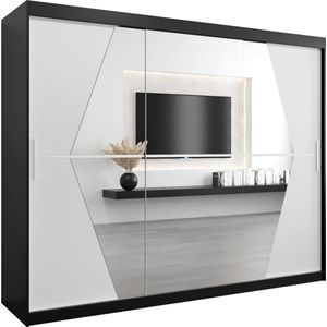 InspireMe - Kledingkast met 3 schuifdeuren, Modern-stijl, Een kledingkast met planken en een spiegel (BxHxD): 250x200x62 - BOLA 250 Zwart Mat + Wit Mat met 4 lades