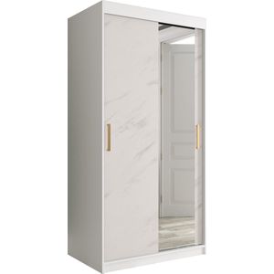 InspireMe - Kledingkast met 2 schuifdeuren, Modern-stijl, Een kledingkast met planken en een spiegel (BxHxD): 100x200x62 - MARMORO T2 100 Wit Marmer met 2 lades