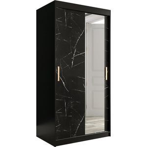 InspireMe - Kledingkast met 2 schuifdeuren, Modern-stijl, Een kledingkast met planken en een spiegel (BxHxD): 100x200x62 - MARMORO T2 100 Zwart Marmer met 2 lades
