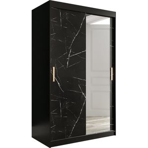 InspireMe - Kledingkast met 2 schuifdeuren, Modern-stijl, Een kledingkast met planken en een spiegel (BxHxD): 120x200x62 - MARMORO T2 120 Zwart Marmer met 2 lades