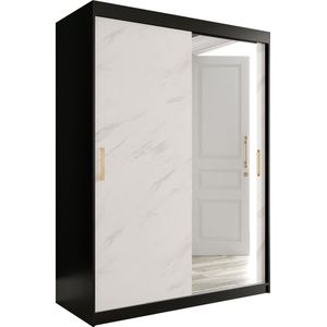 InspireMe - Kledingkast met 2 schuifdeuren, Modern-stijl, Een kledingkast met planken en een spiegel (BxHxD): 150x200x62 - MARMORO T2 150 Zwart Mat + Wit Marmer met 2 lades